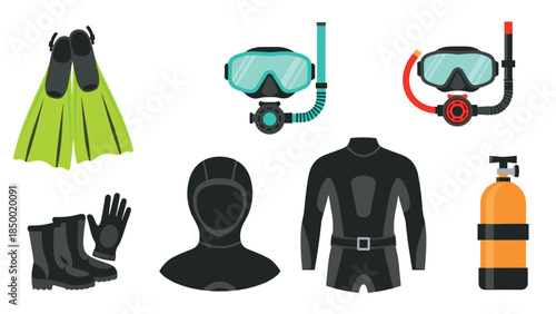 Scuba diving equipment set featuring wetsuit, fins, snorkel, and oxygen tank