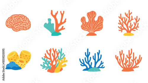 Colorful marine coral collection set in flat design