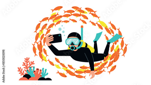 Diver taking selfie surrounded by school of fish in ocean adventure scene