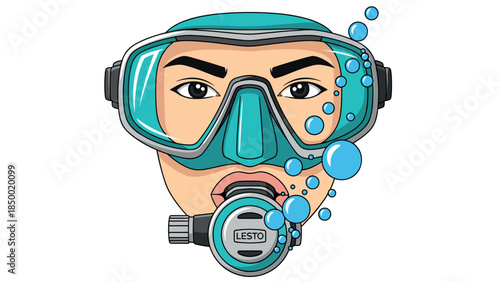 Scuba diver face with goggles and bubbles in cartoon style