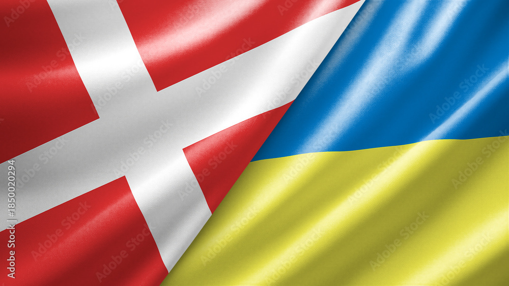 Fototapeta premium Denmark and Ukraine two national flags filling the entire frame, close-up view, edge-to-edge composition