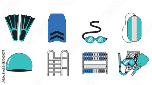 Diving and swimming gear icons in modern flat design