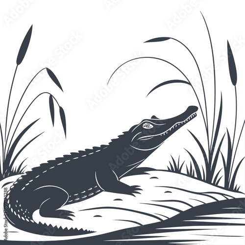 Black tribal tattoo vector illustration of a wild crocodile and reptile lizard silhouette designed as a minimalist dragon or dinosaur nature symbol for a creative wildlife logo