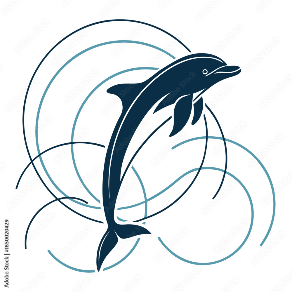 Naklejka premium Vector illustration of a blue marine fish and dolphin silhouette set featuring cartoon shark icons and aquatic animal symbols for sea nature logo design