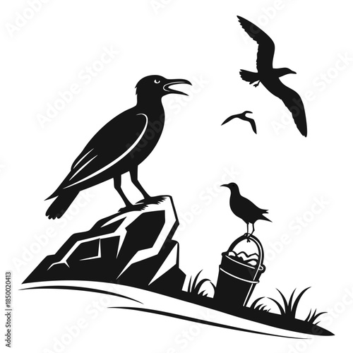 Vector illustration of a black crow silhouette perched on a winter tree branch featuring a stylized bird beak and feather details for nature art
