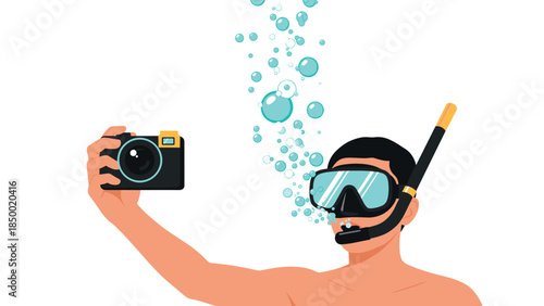 Diver taking an underwater selfie with camera and snorkel mask