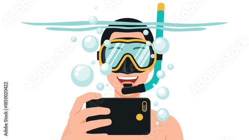 Diving enthusiast taking a selfie underwater with mask and snorkel