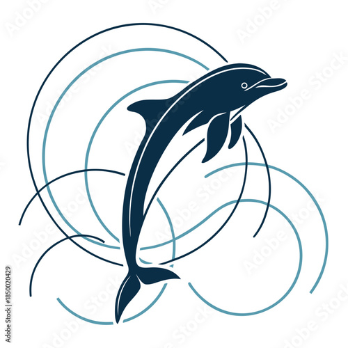 Vector illustration of a blue marine fish and dolphin silhouette set featuring cartoon shark icons and aquatic animal symbols for sea nature logo design