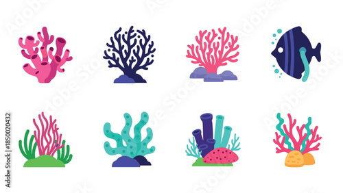 Colorful marine life set featuring coral reefs and fish in flat style