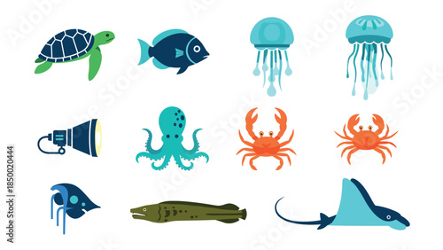 Colorful marine life icons featuring sea creatures and ocean animals in flat design