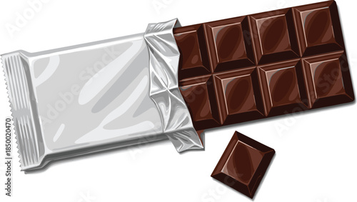 Realistic vector illustration of a dark chocolate bar partially unwrapped in silver foil with a broken piece