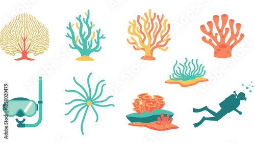 Colorful coral reef elements and scuba diver in flat style for ocean life designs