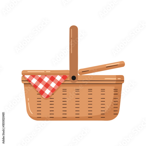An open picnic basket with a red gingham cloth, ready for food and joy