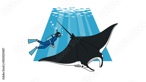 Diver swimming with giant manta ray in sunlit ocean water