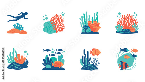 Diving adventures: colorful marine life and coral reefs in flat style