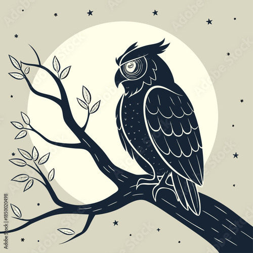 Vector illustration of a cartoon owl with detailed feathers and a sharp beak sitting on a nature branch as a wild animal wildlife logo design