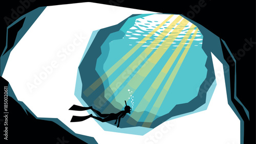 Silhouette of diver exploring underwater cave with sunlight rays