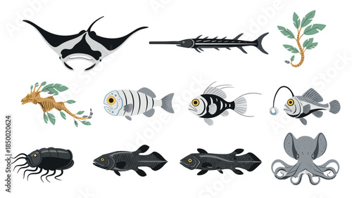 Diverse ocean life: unique sea creatures collection in simple style