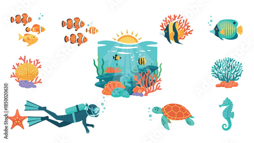 Underwater scene with colorful marine life and diver exploring coral reef