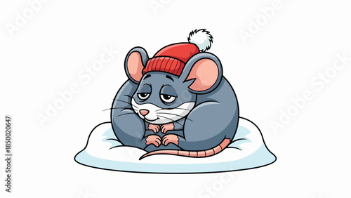 Gray mouse wearing a red knitted hat with a white pom-pom, seated on a snowy background