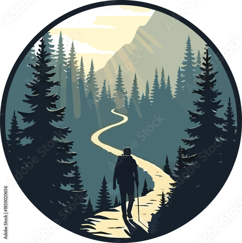 Man walking on a path through a forest towards mountains