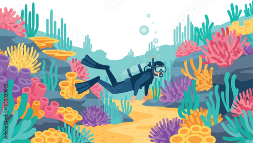 Vibrant underwater scene with scuba diver and colorful coral reefs