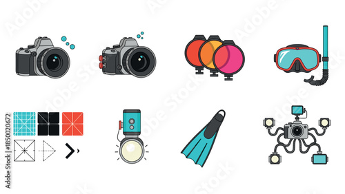 Diving gear and cameras: colorful flat design of underwater photography equipment