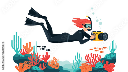 Scuba diver with camera amid vibrant coral reef aquatic life