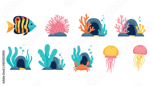 Colorful underwater scene with fish, coral, and sea creatures