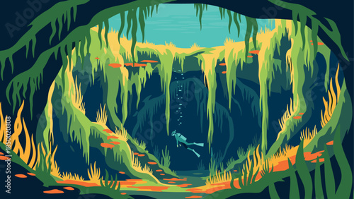 Underwater adventure: diver exploring vibrant cave in flat design