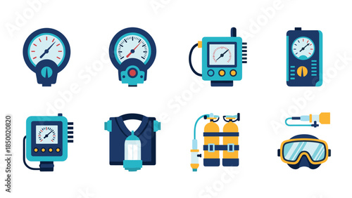 Diving equipment icons featuring pressure gauges and breathing apparatus in flat design