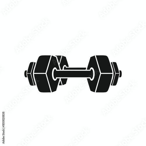 A black and white vector graphic of a dumbbell with hexagonal weights