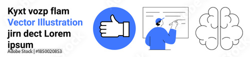 Teamwork, training, business strategy, education, learning, brainstorming. Thumbs-up icon, person teaching at a board brain illustration. Teamwork and training concept