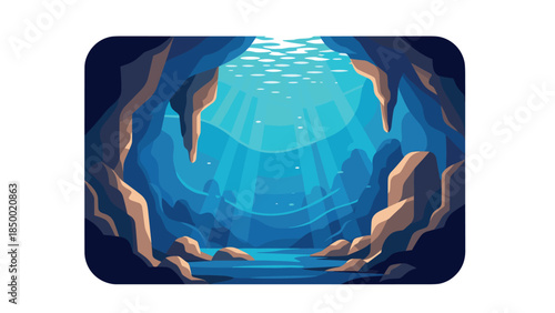 Majestic ocean cave with sunlit waters and stalactites in blue tones