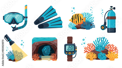 Colorful underwater adventure elements with scuba gear and marine life