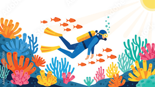 Colorful underwater adventure with scuba diver and vibrant coral reefs