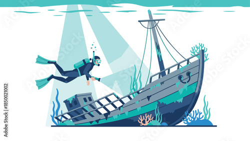 Diver exploring sunken shipwreck among coral reefs in deep ocean