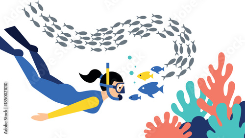 Diver exploring underwater scene with colorful coral and fish in flat design