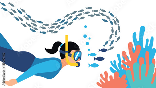 Diver swimming underwater with fish and colorful coral in flat art style