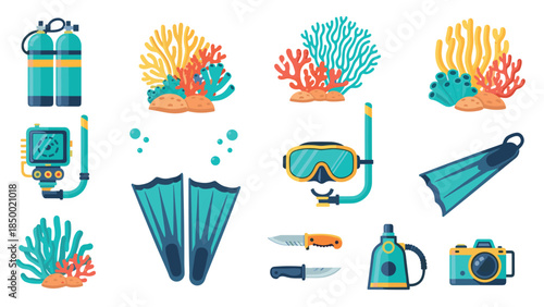 Colorful diving equipment and coral collection for ocean adventures