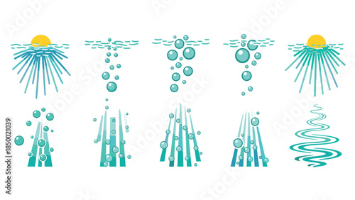 Abstract water and sun elements with bubbles and wave patterns