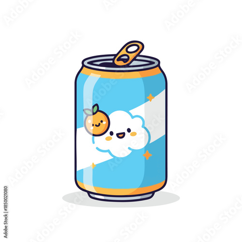 An illustrative soda can with a cute cloud and orange design