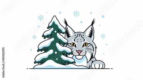 Gray lynx with tufted ears and yellow eyes resting on a snowy ledge with an evergreen tree in the background