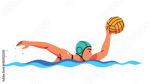Energetic water polo player in action with ball and waves