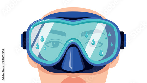 Diver with wet mask: close-up of face featuring goggles and droplets in flat style