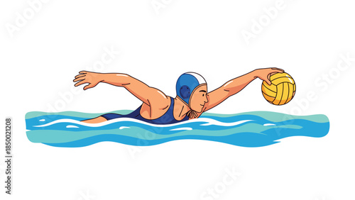 Water polo player in action with ball wearing blue and white gear