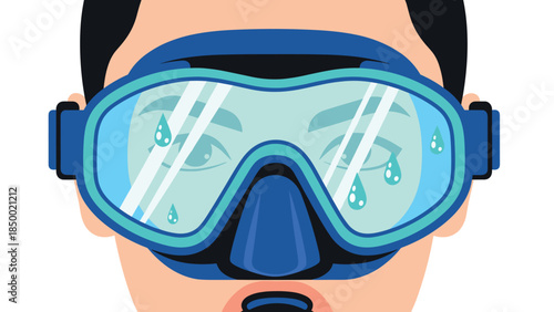 Diver wearing blue goggles with water droplets inside
