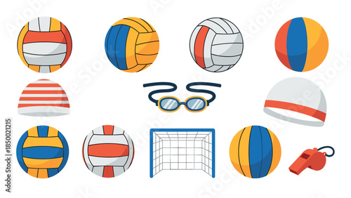 Water and beach sports equipment collection: volleyball, swim gear, and accessories