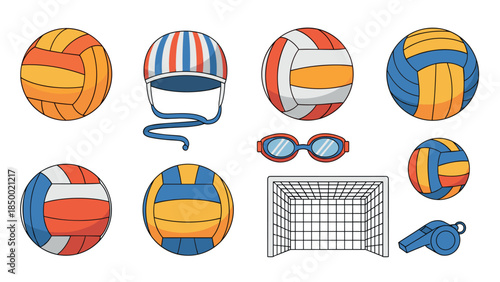 Colorful sports equipment set featuring volleyball gear and accessories