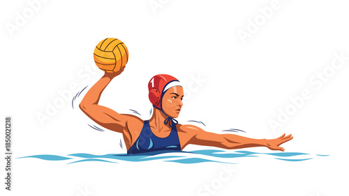 Dynamic female water polo player preparing to throw the ball in action